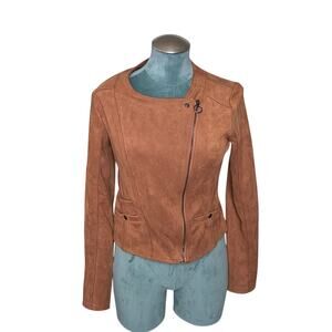 Haute Monde Faux Suede Moto Jacket Womens L Brown Asymmetrical Zip Long Sleeve